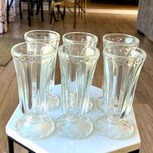 Vintage Set of 6 Clear Glass Ribbed & Footed Soda Fountain Or Dessert Glasses